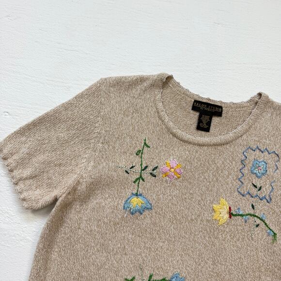 Vintage 90s Salon Studio Embroidered Knit Short Sleeve Sweater, Size XL - Picture 2 of 8